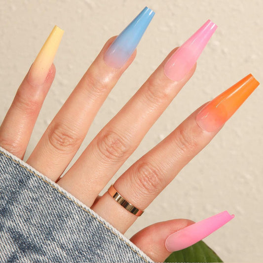 SRIMNUYY close-up of colorful gradient French tip highlighting glossy finish