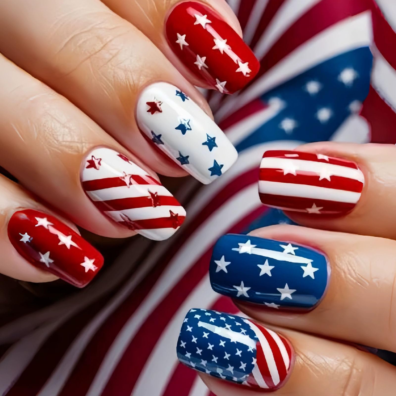 SRIMNUYY front packaging showing 24-piece patriotic nail kit for quick use