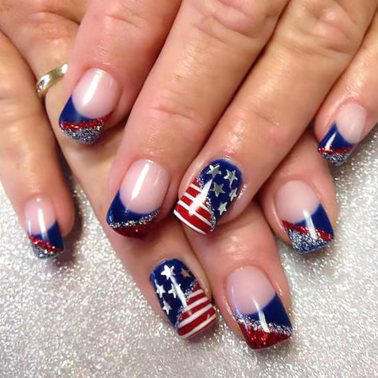 SRIMNUYY front packaging showing 24-piece patriotic press-on nails and accessories for quick styling