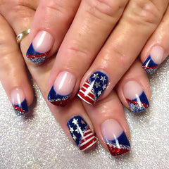 SRIMNUYY front packaging showing 24-piece patriotic press-on nails and accessories for quick styling