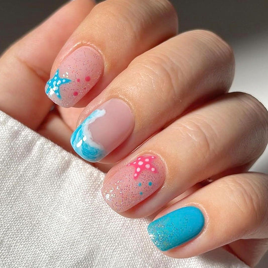 SRIMNUYY front packaging showing blue wave French tip nails for instant style