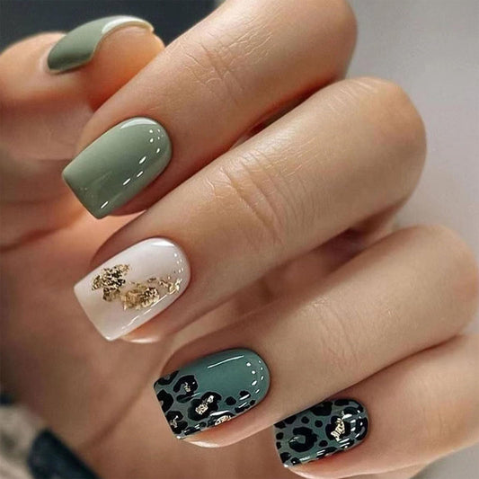 SRIMNUYY front packaging showing green leopard press-on nails and included tools for easy start