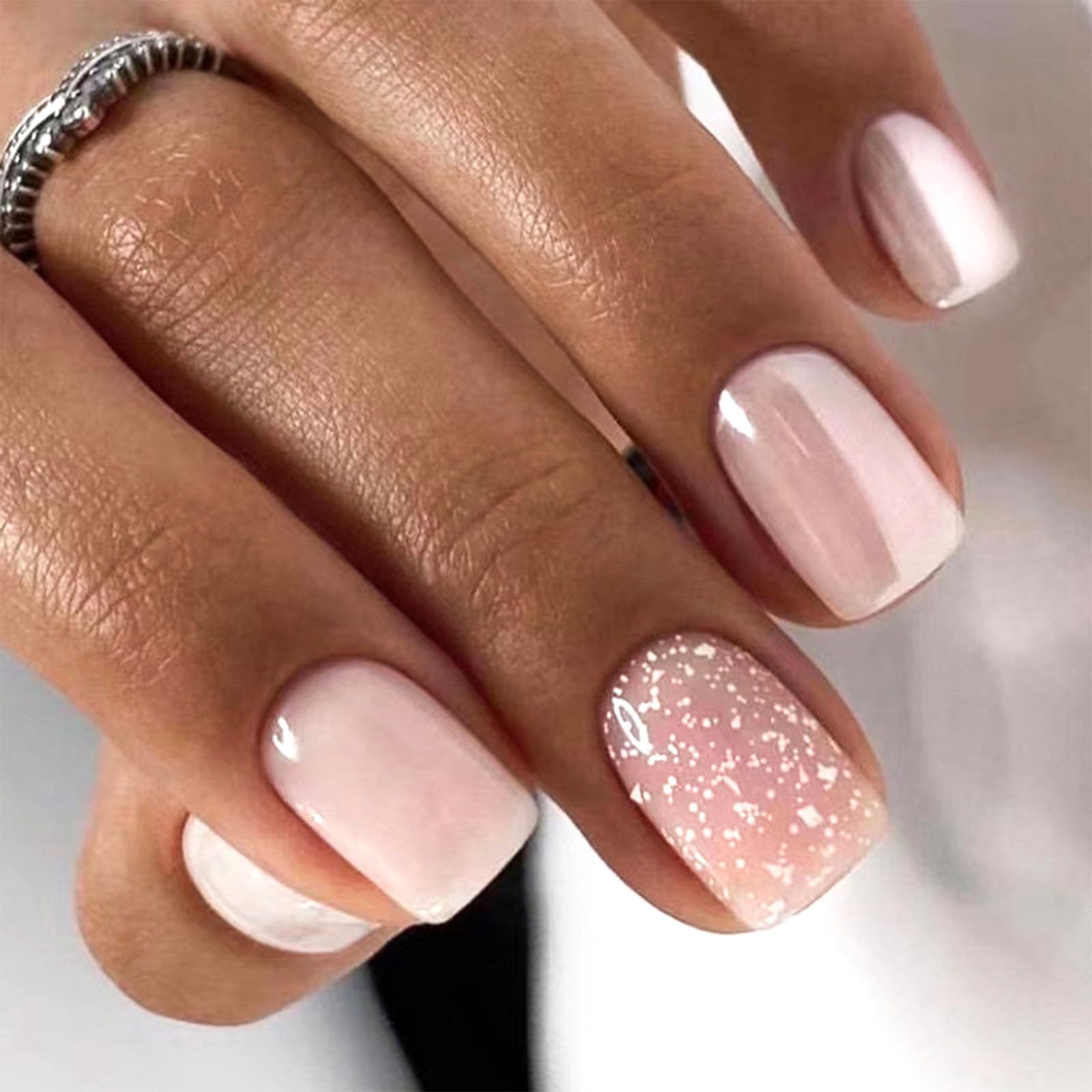 SRIMNUYY front packaging showing 24-piece pink press-on set for instant manicures