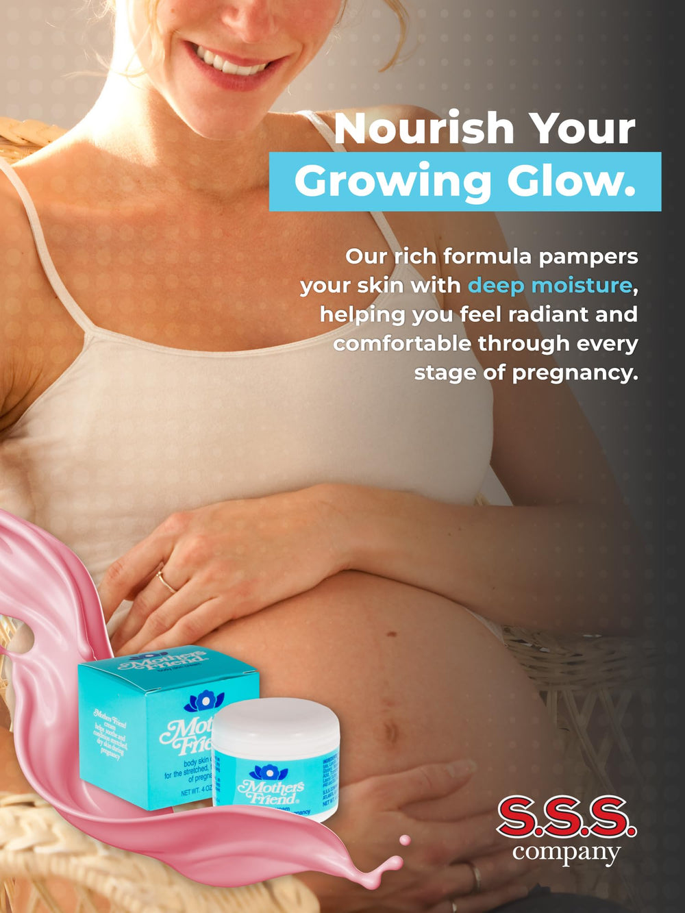 S.S.S. CO. cream used postpartum to maintain skin softness and elasticity