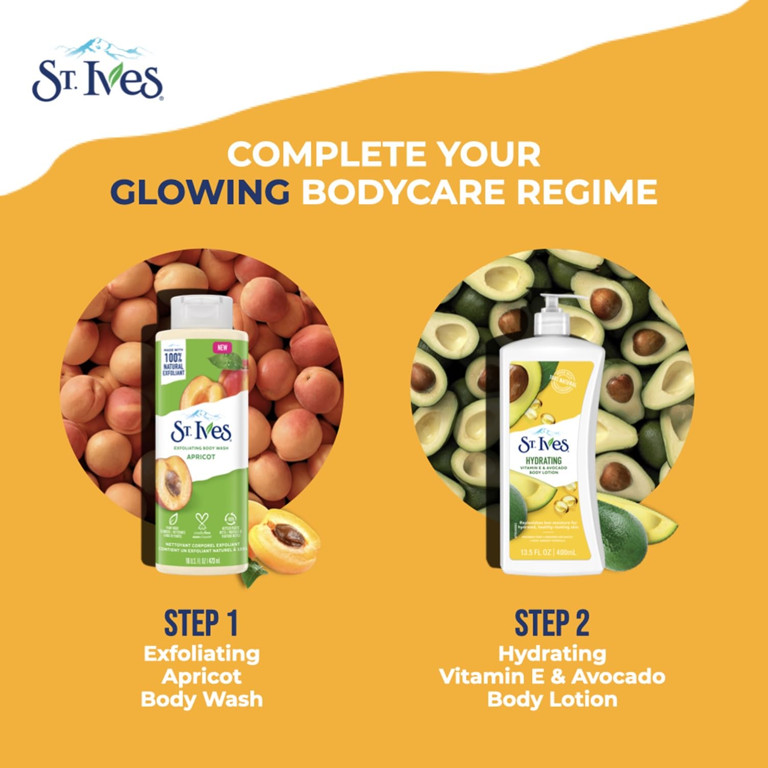 St. Ives bottle placed in shower setting illustrating real-use convenience and refreshing scent