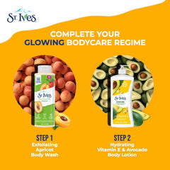 St. Ives bottle placed in shower setting illustrating real-use convenience and refreshing scent