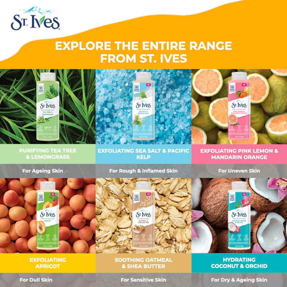 St. Ives next to common items to show 473ml scale for travel-friendly and long-lasting supply