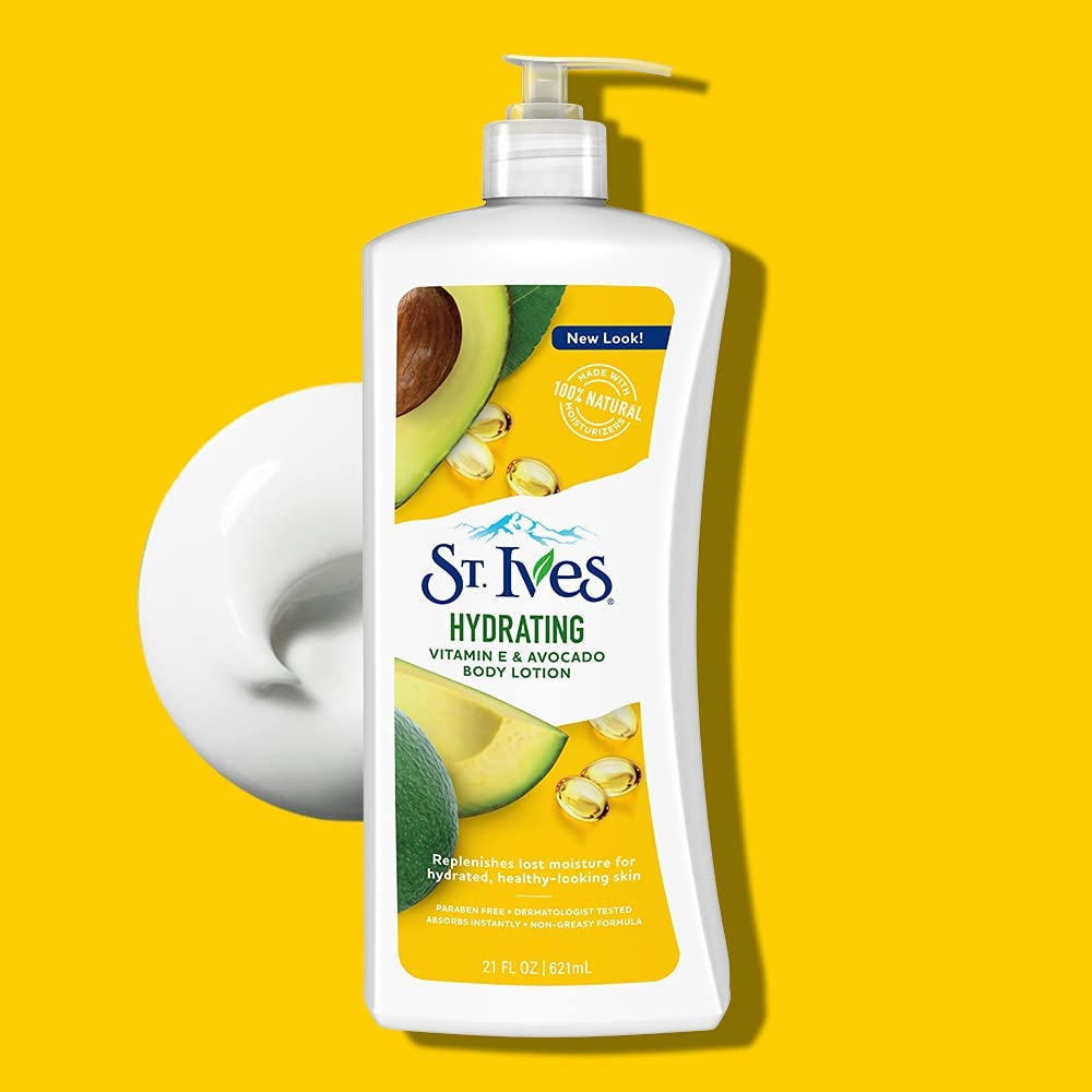 St. Ives bottle beside avocado halves highlighting natural oils benefit
