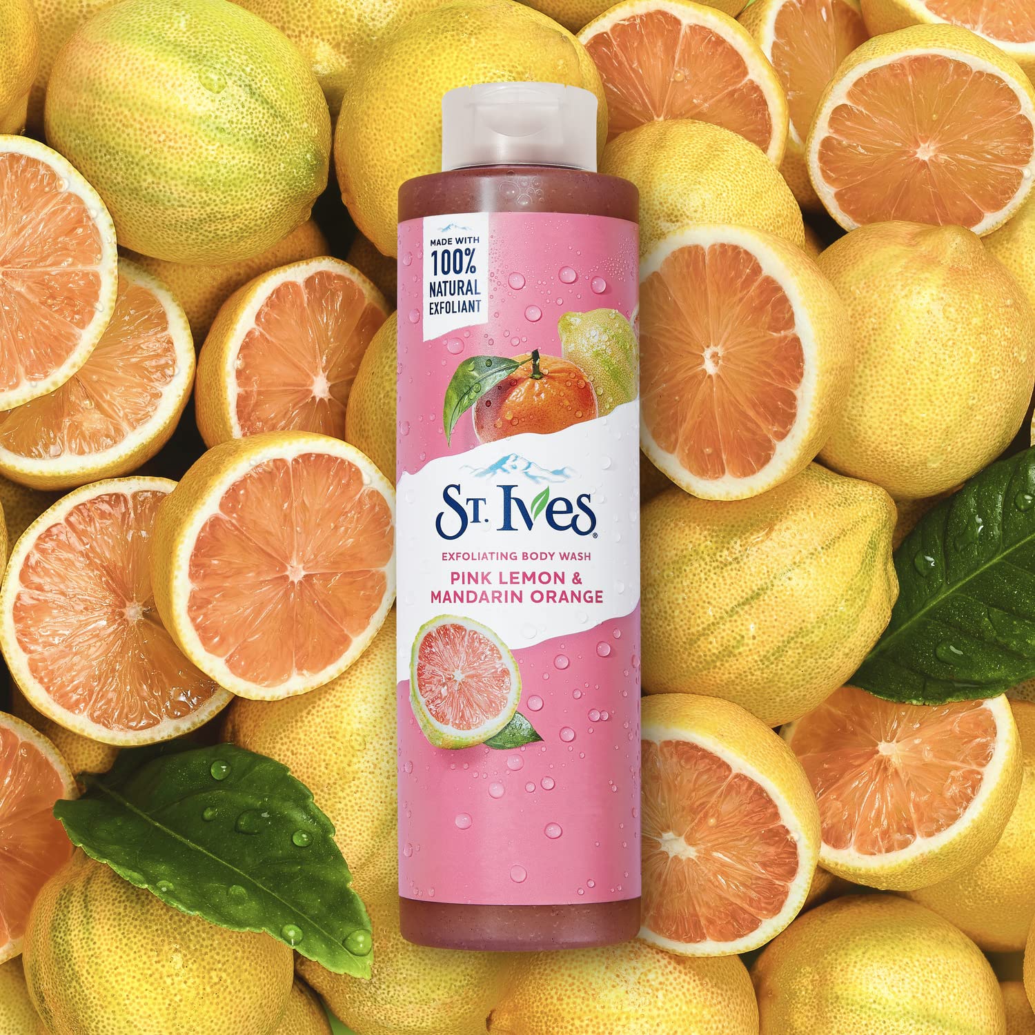St. Ives bottle label highlighting 100% recycled plastic and ingredient benefits