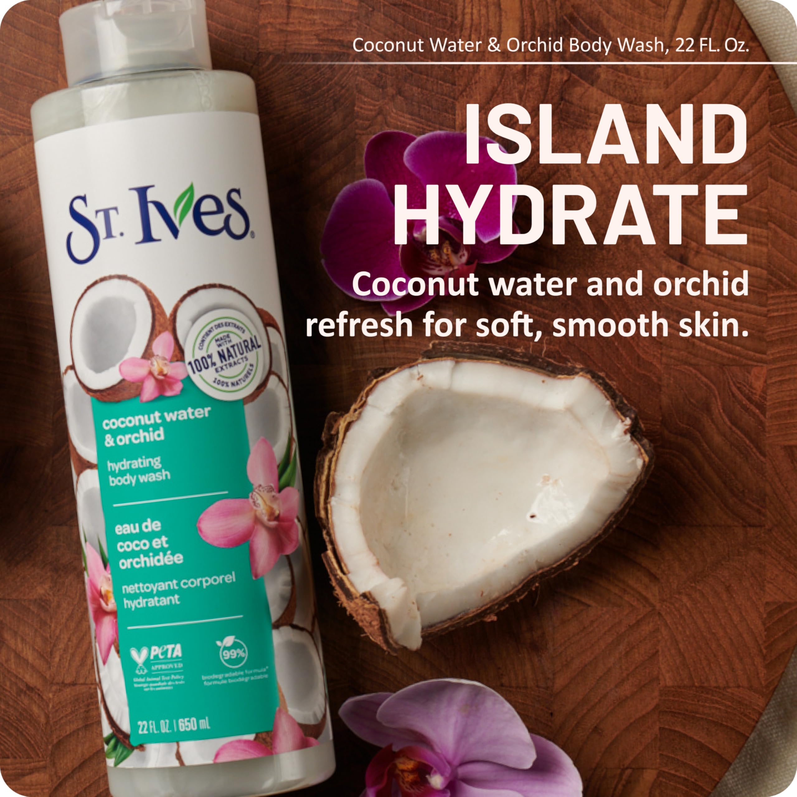St. Ives bottle next to a hand for 22 oz size comparison and scale