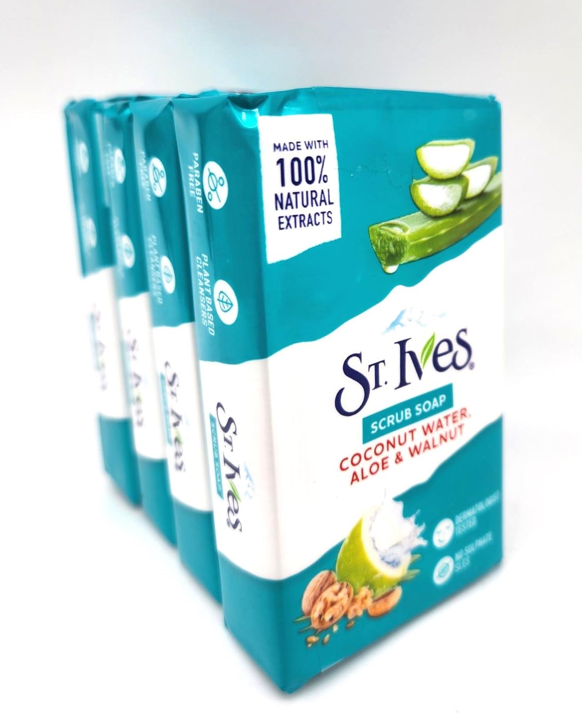 St. Ives front packaging showing coconut water aloe walnut and benefits