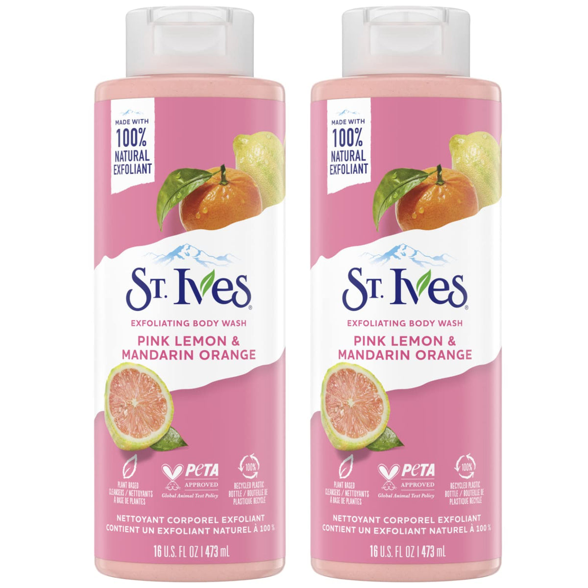 St. Ives front packaging with pink lemon and mandarin scent, bright and inviting