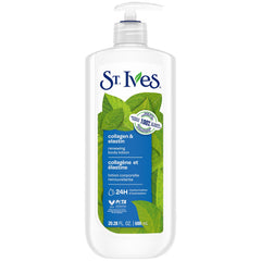 St. Ives front pump bottle showing 20.28 oz and easy dispensing benefit