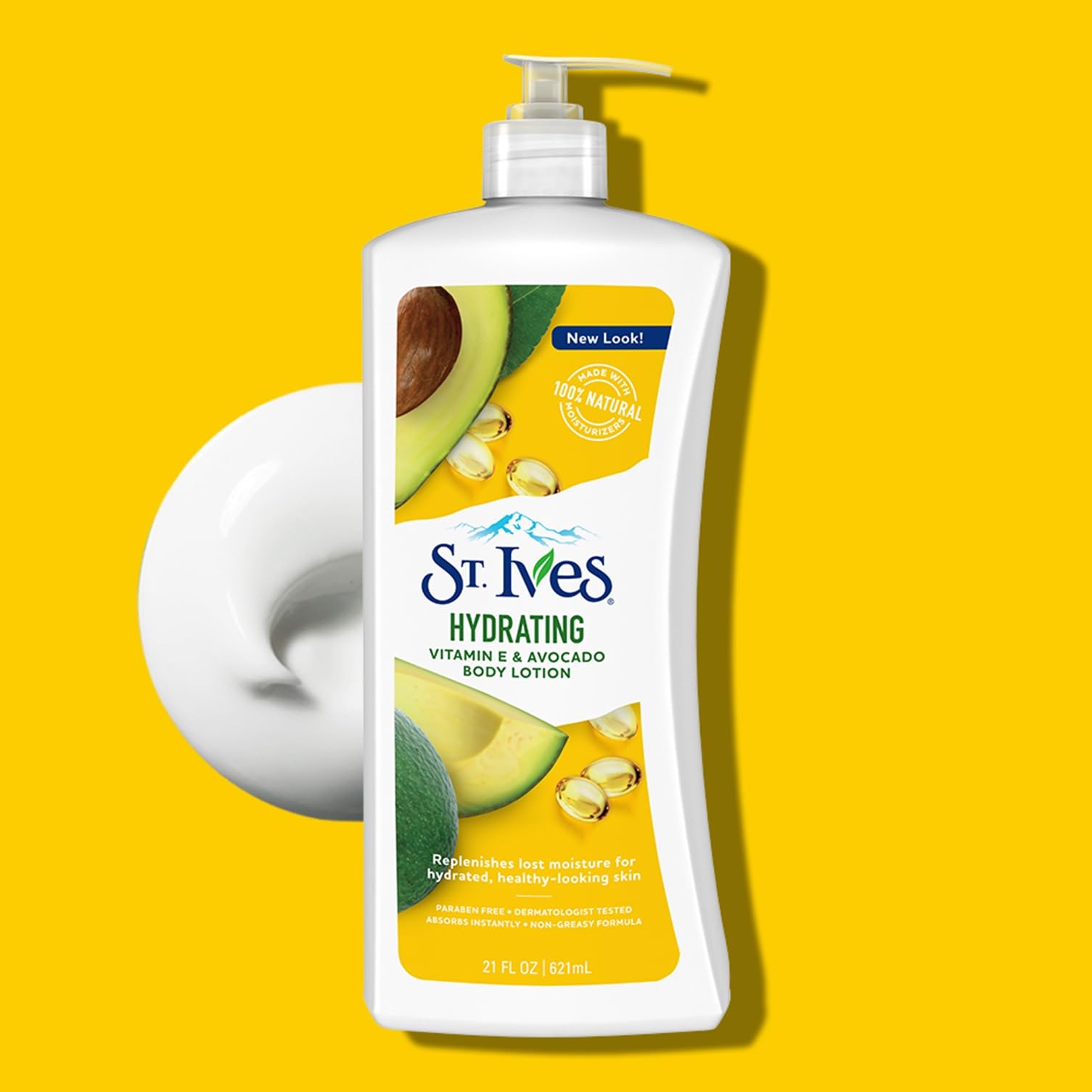 St. Ives pump dispenser and label detail highlighting easy use benefit