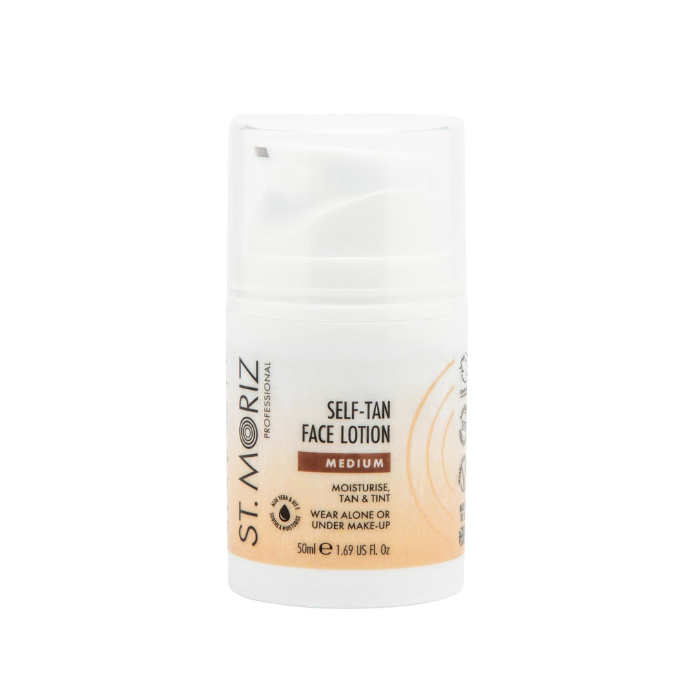 St Moriz face lotion front packaging shows label and medium shade guidance