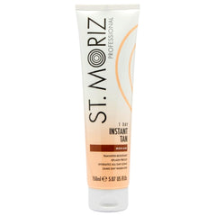 ST. MORIZ bottle front view showing compact 150ml size and instant bronze benefit