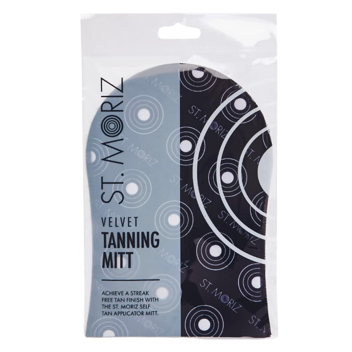 ST. MORIZ mitt front packaging showing product and brand benefit