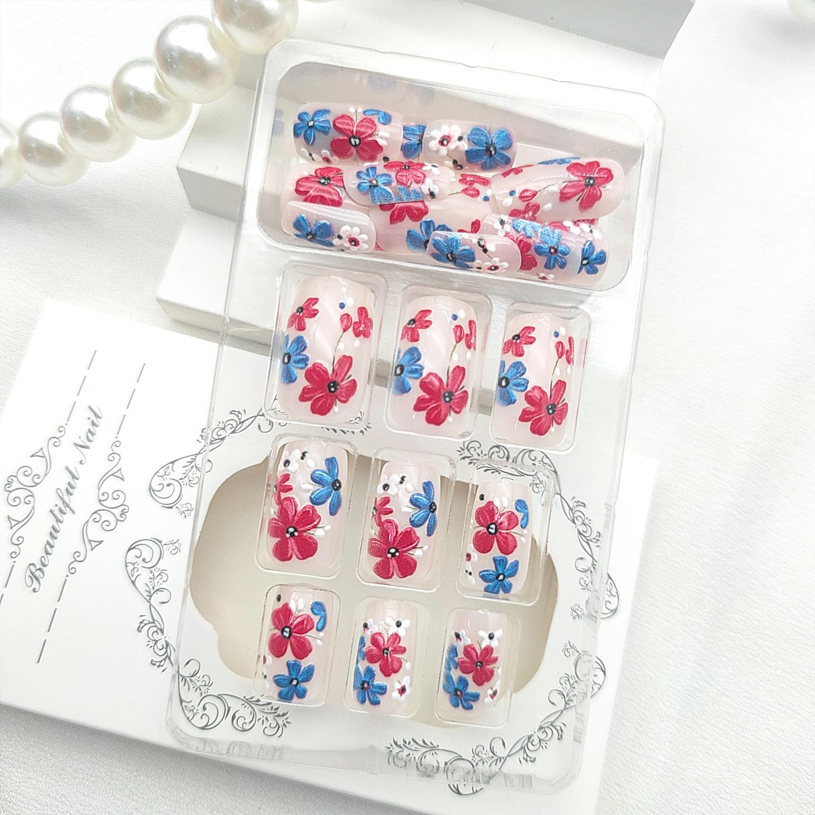 STADWWK close-up of blue red white floral glossy finish showing detailed design