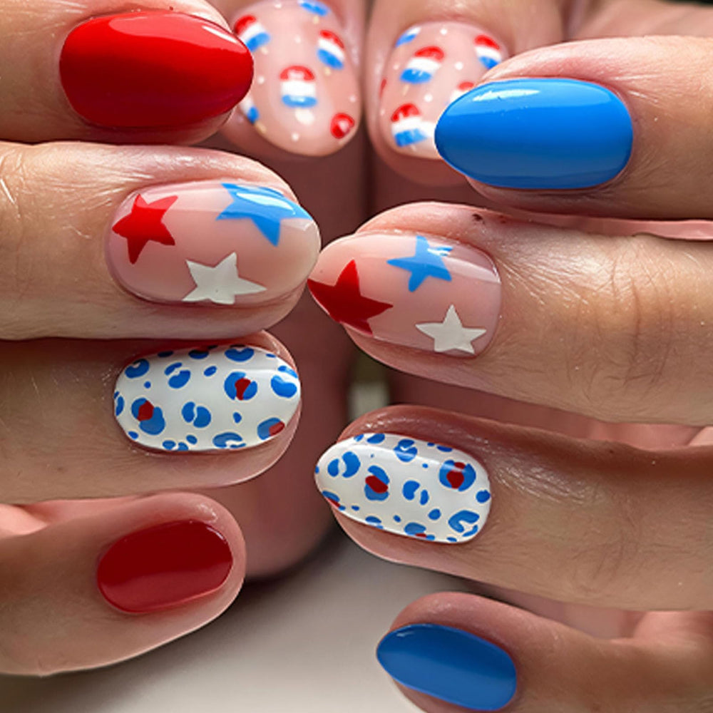 STADWWK front packaging showing 24-piece patriotic press-on nails for quick styling