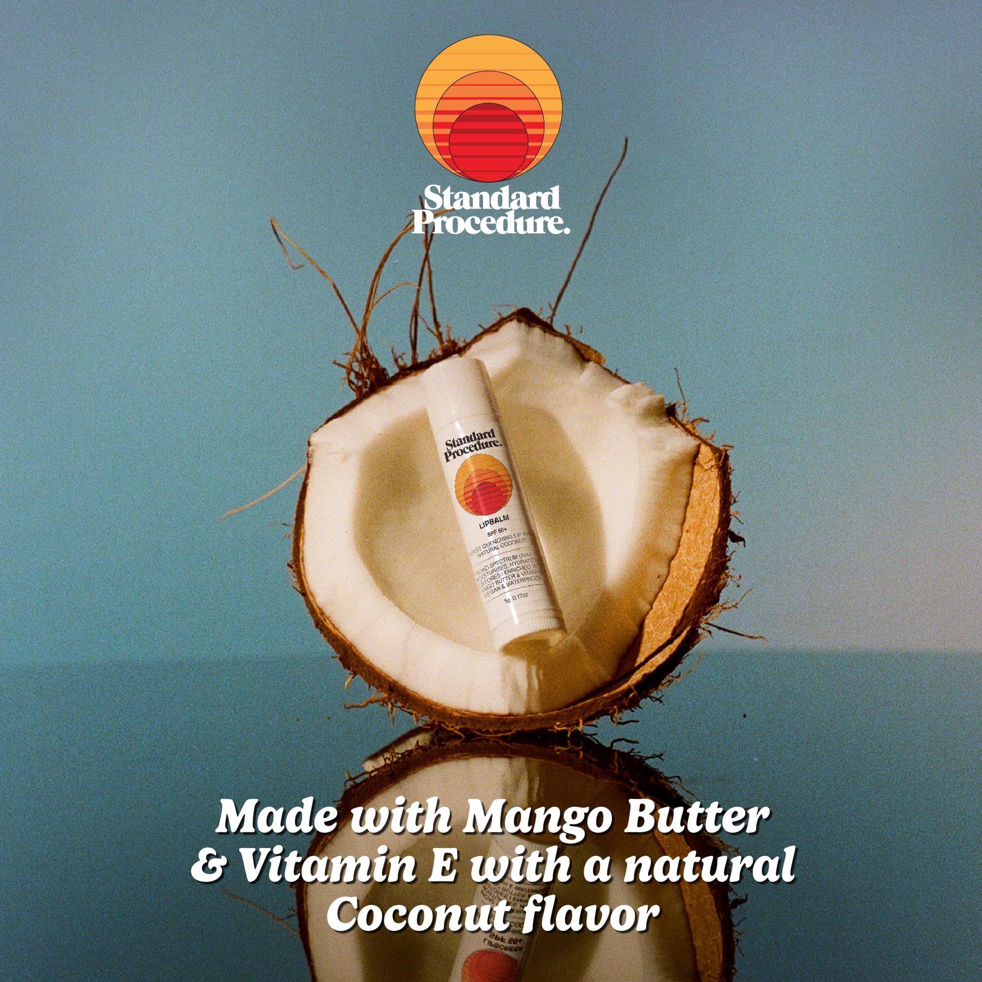 Standard Procedure lip balm in a beach bag portraying outdoor protection and portability