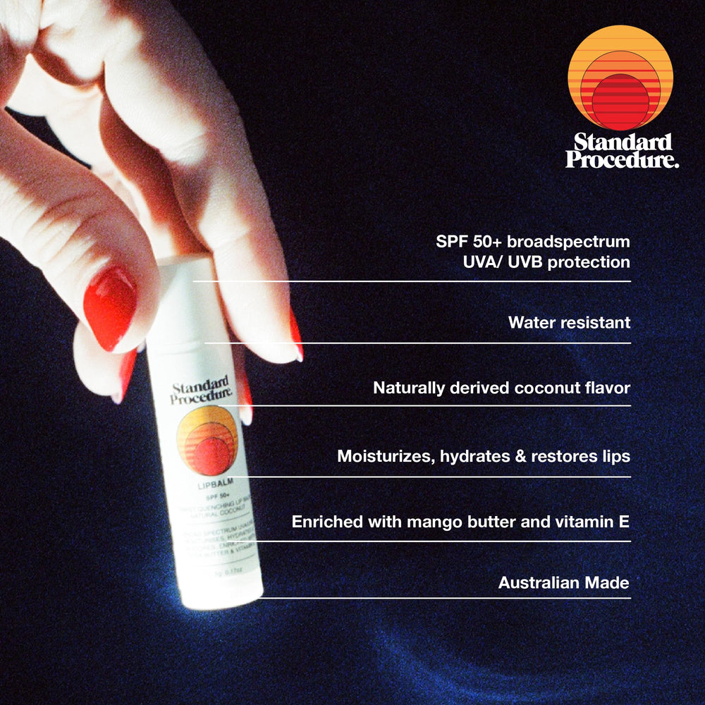 Standard Procedure lip balm creamy texture close-up demonstrating moisturizing finish