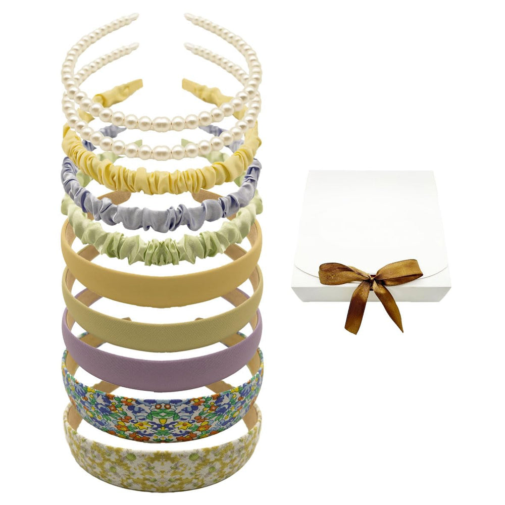 STANETCO headband set front view showing ten yellow styles and variety of designs for versatility