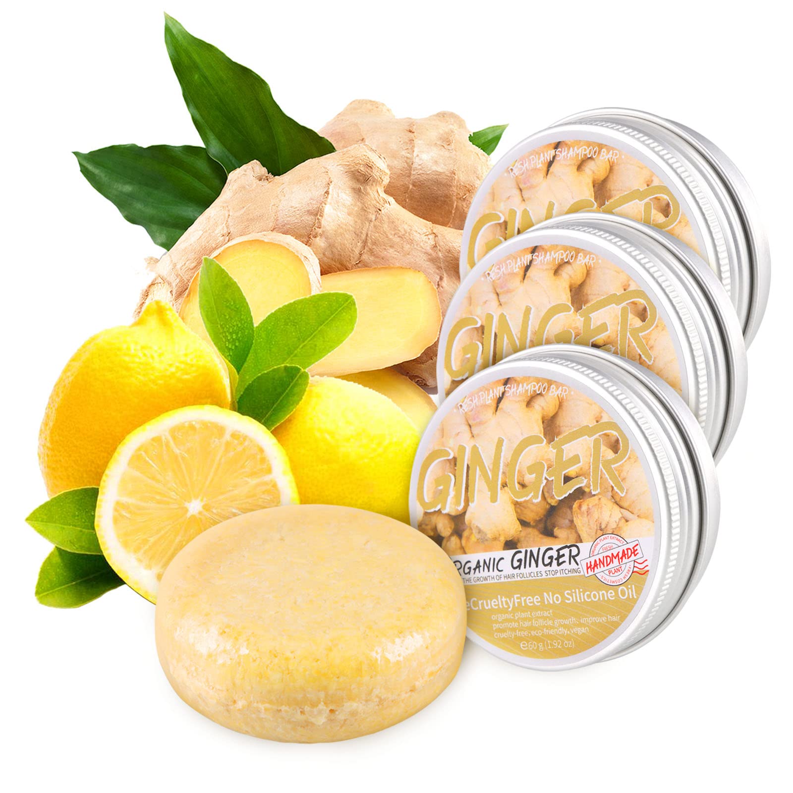 Starhig front packaging showing three ginger shampoo bars and eco benefits