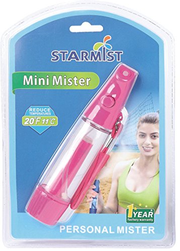 Starmist mister spraying fine mist on neck for instant cooling relief during heat