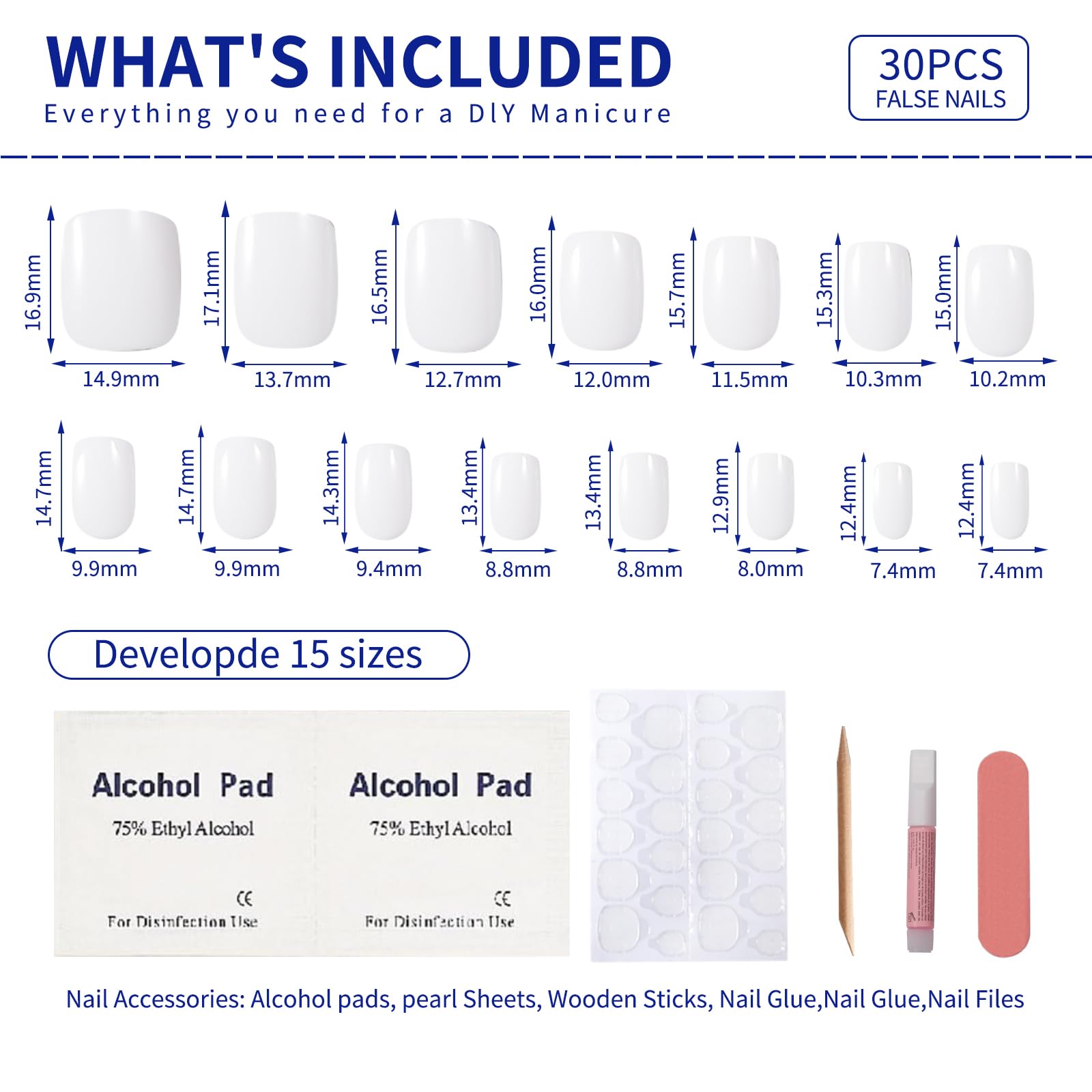 Stbisen application tools arranged including glue, cuticle stick, file, and cleaning pads for easy use