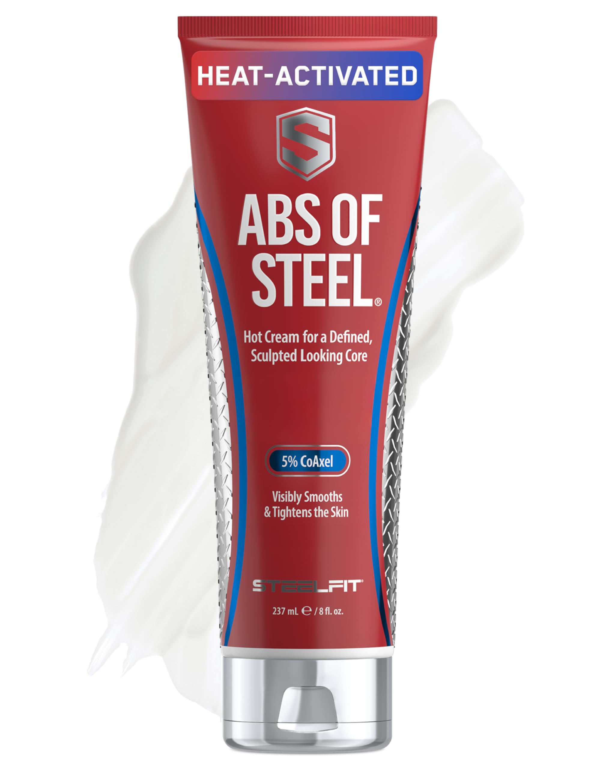 SteelFit front packaging showing 8 oz tube and branding, highlights sculpting benefit