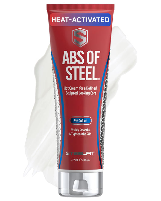 SteelFit front packaging showing 8 oz tube and branding, highlights sculpting benefit