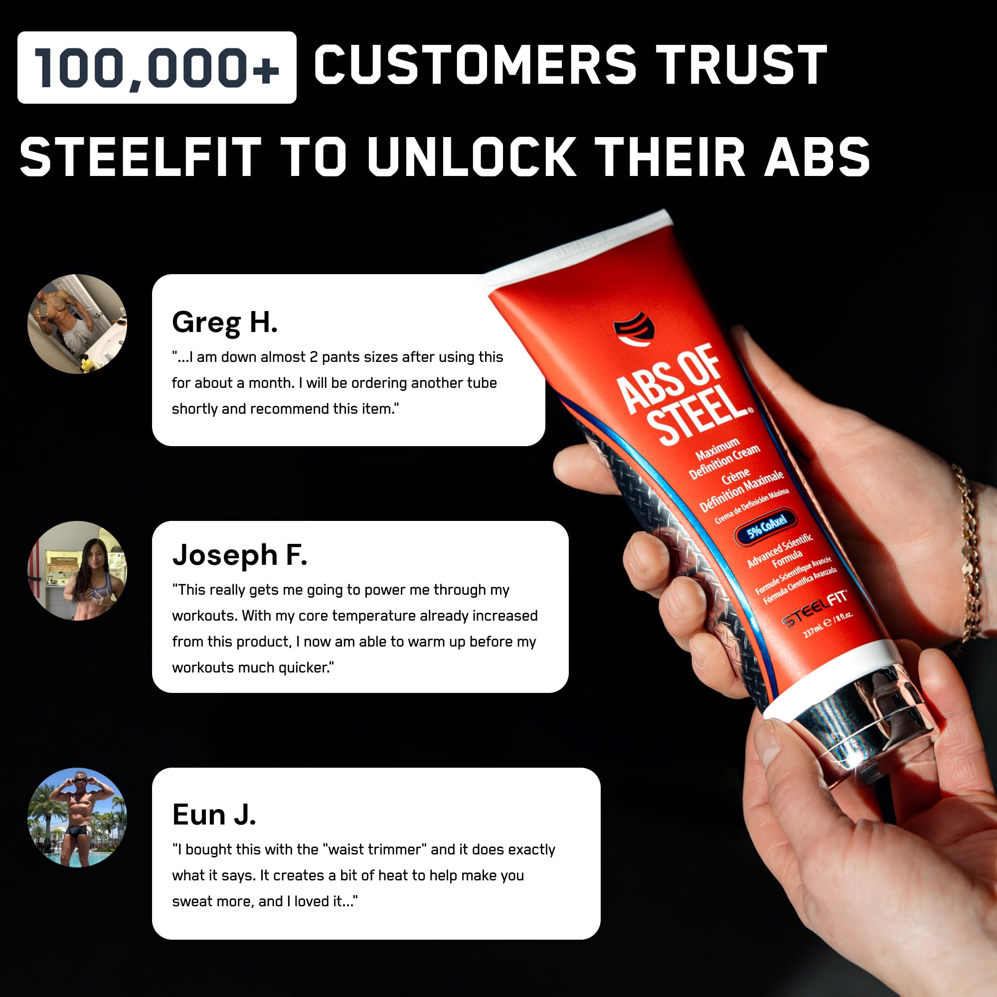 SteelFit ingredient label close-up showing CoAxel, L-Carnitine and caffeine benefits