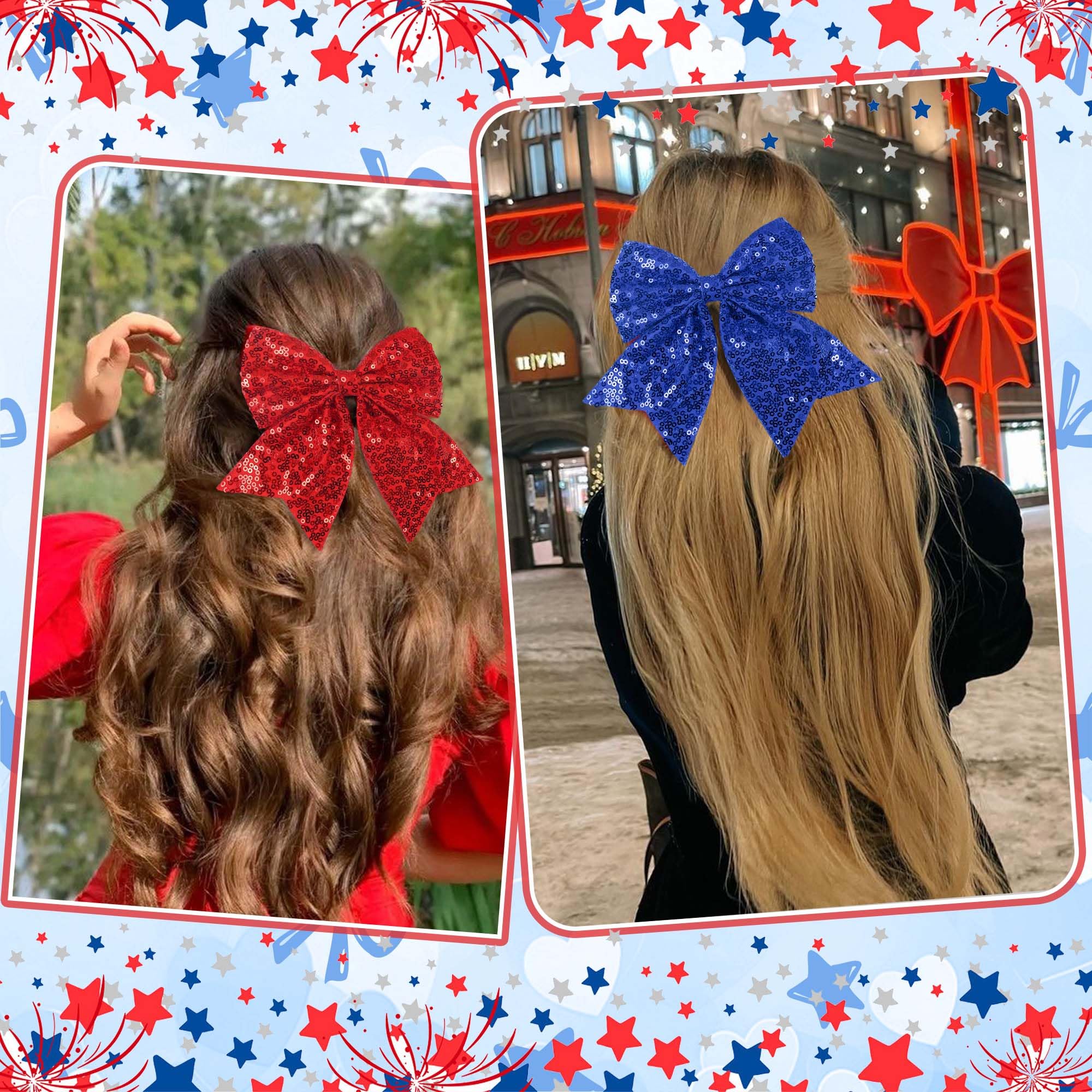 STGDAK bow clipped into ponytail on model demonstrating instant festive styling