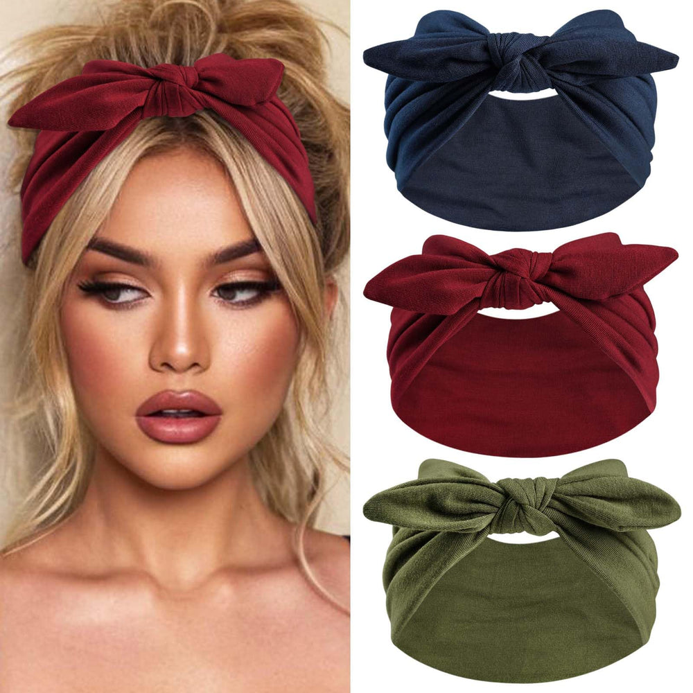 STGDAK front view of three bandana headbands showing colors and packaging, versatile styling benefit