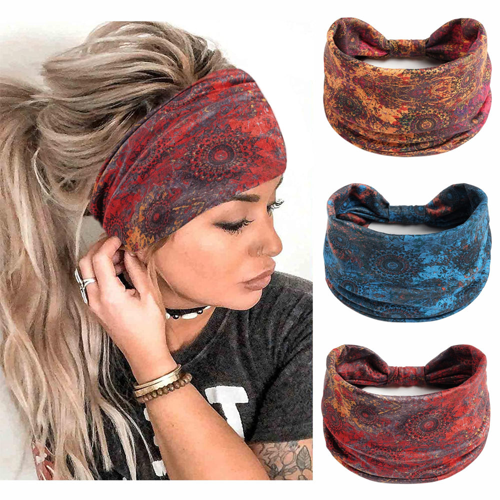 STGDAK front view of three-pack headbands showing patterns and packaging, stylish convenience