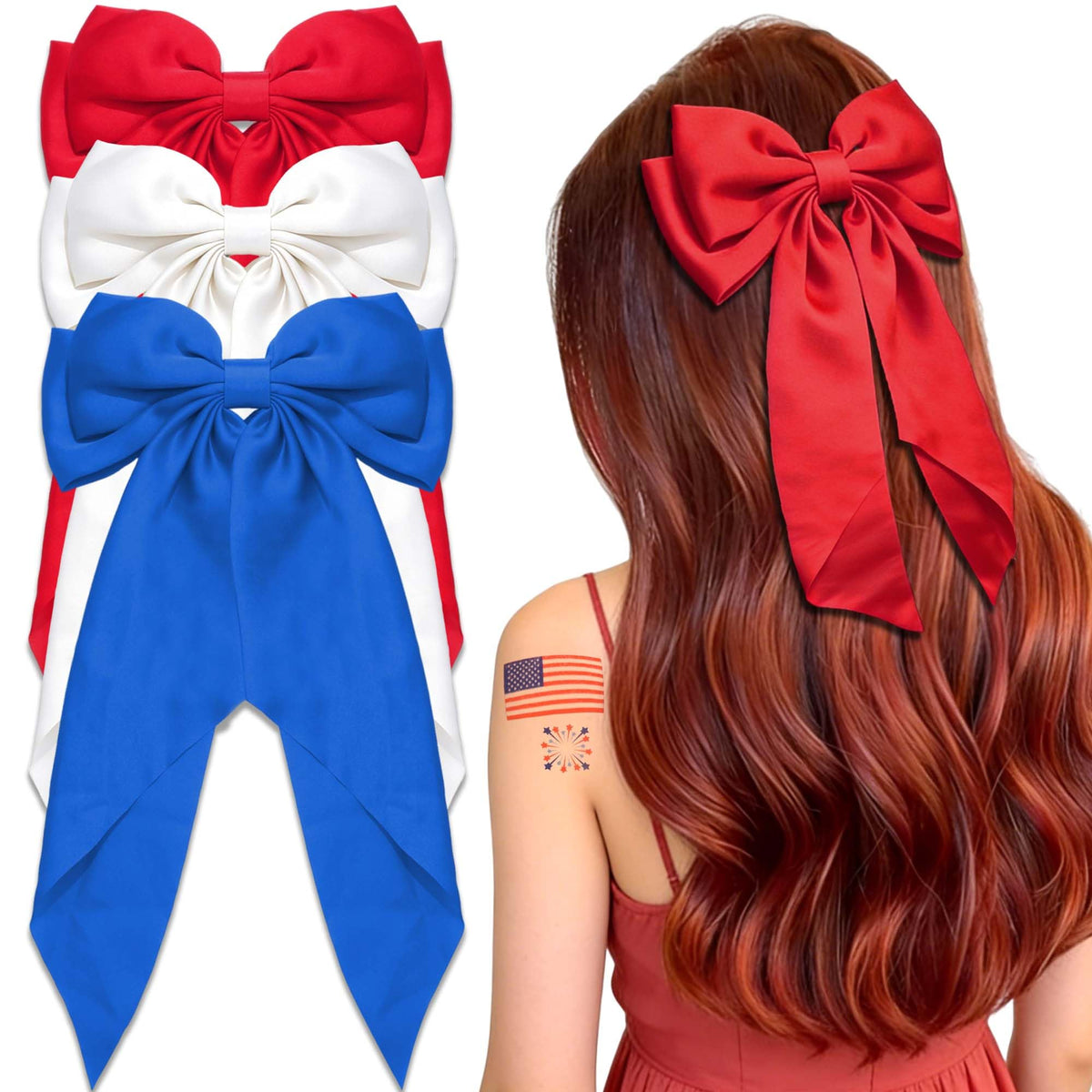 STGDAK front view of three red white blue bows showing festive appeal