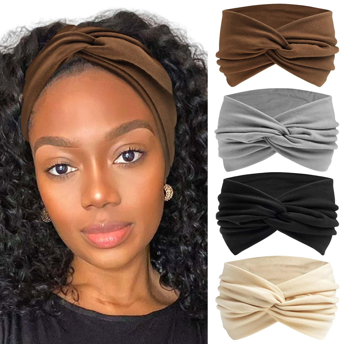 STGDAK front view of four neutral headbands showing colors and fit benefits