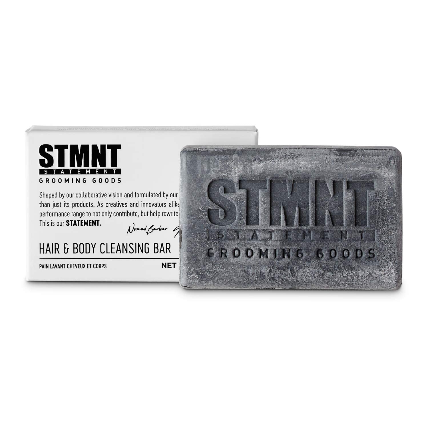 STMNT cleansing bar front packaging showing label and weight, travel-friendly benefit