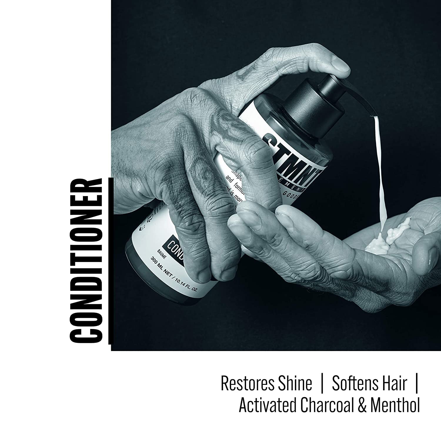 STMNT conditioner creamy texture on hand illustrating moisturize and detangle benefit