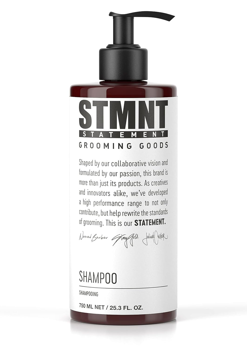 STMNT shampoo front bottle showing label and size, clear branding and benefit