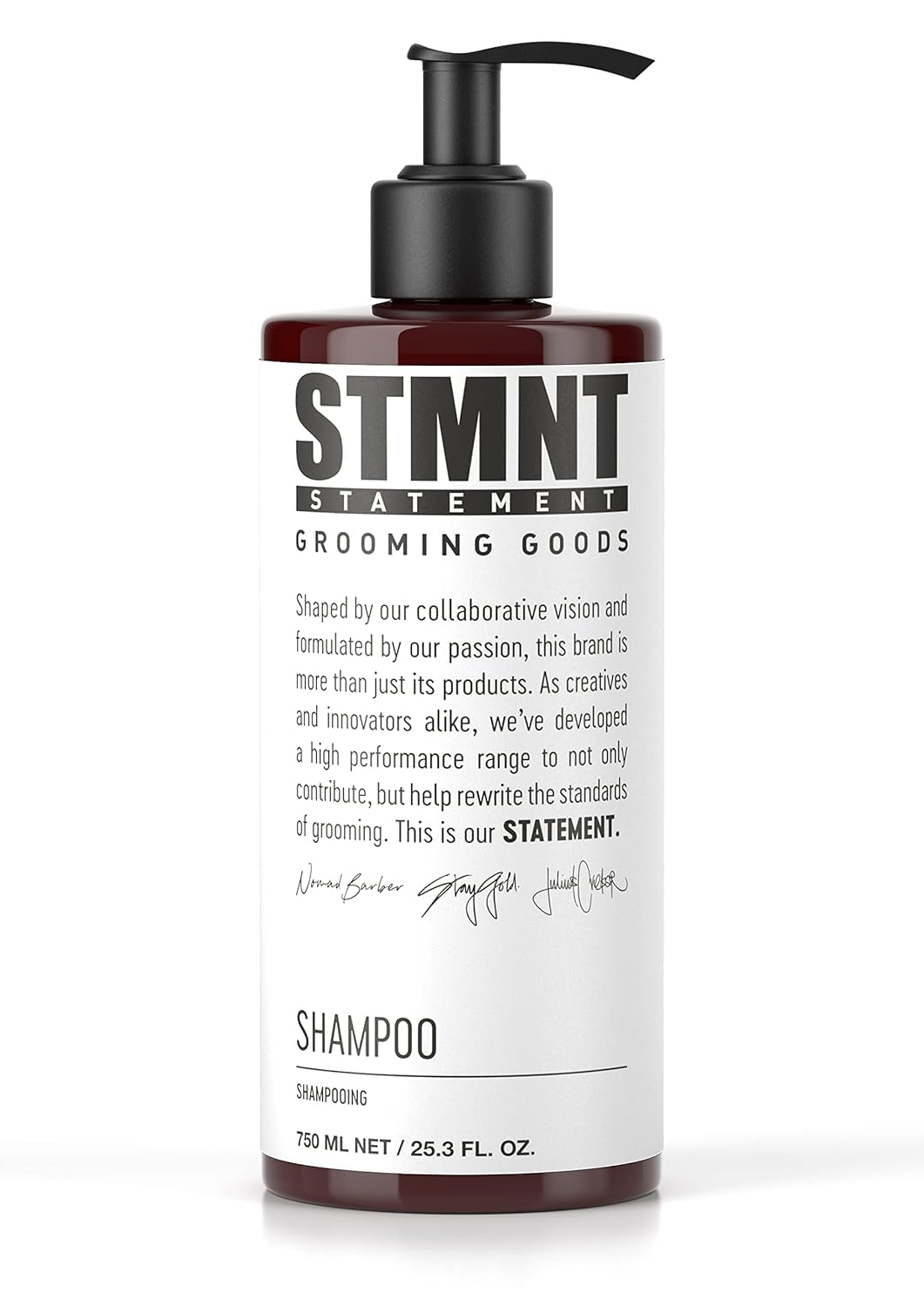 STMNT shampoo front bottle showing label and size, clear branding and benefit