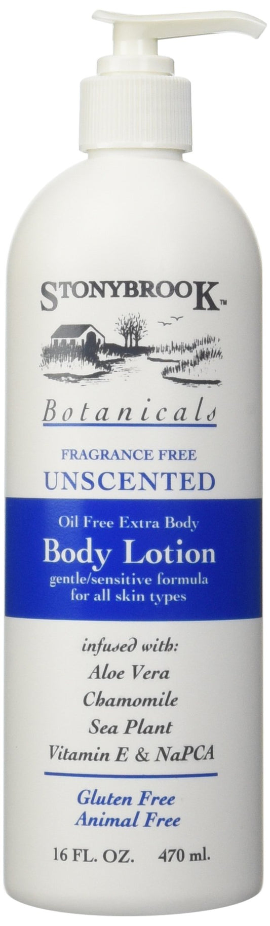 Stonybrook front packaging unscented lotion showing label and 16 fl oz size benefit