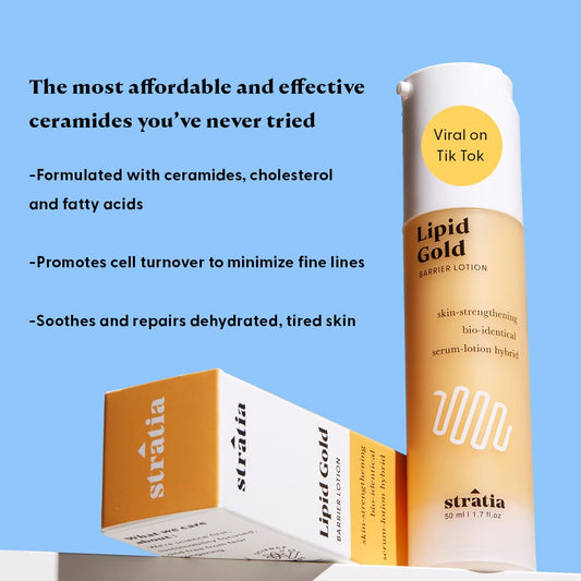 Stratia Lipid Gold dispensed on fingertip texture, delivers lightweight hydration