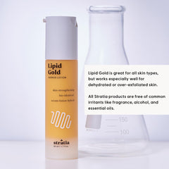 Stratia Lipid Gold beside a ruler showing 3.4 fl oz size for scale and value