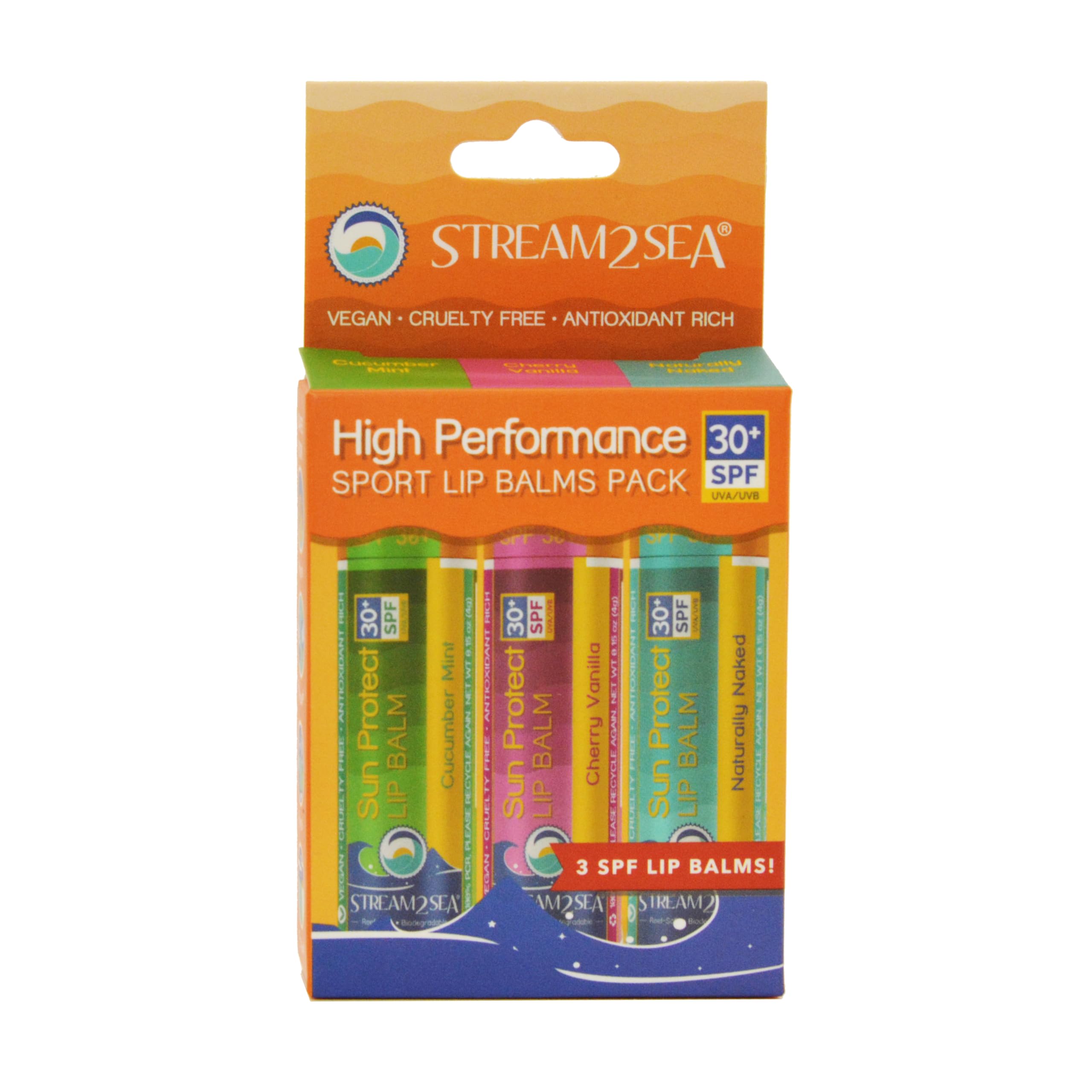 STREAM 2 SEA lip balm next to makeup for size and portability comparison convenience