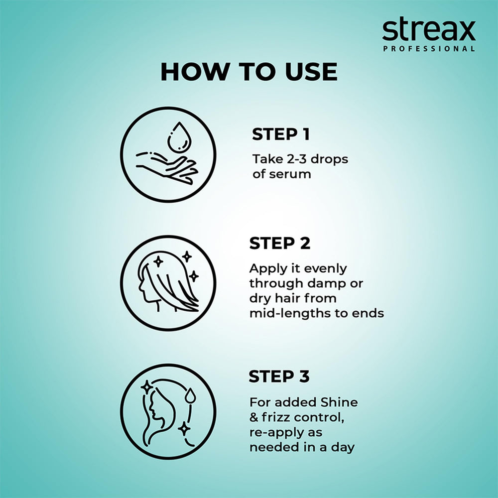 Streax Professional used on damp hair while blow-drying to show frizz control and shine benefit