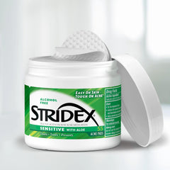 Single Stridex pad saturated with solution illustrating even product delivery and convenience
