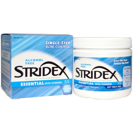 Stridex front packaging showing 55-count tub and clear label for acne control