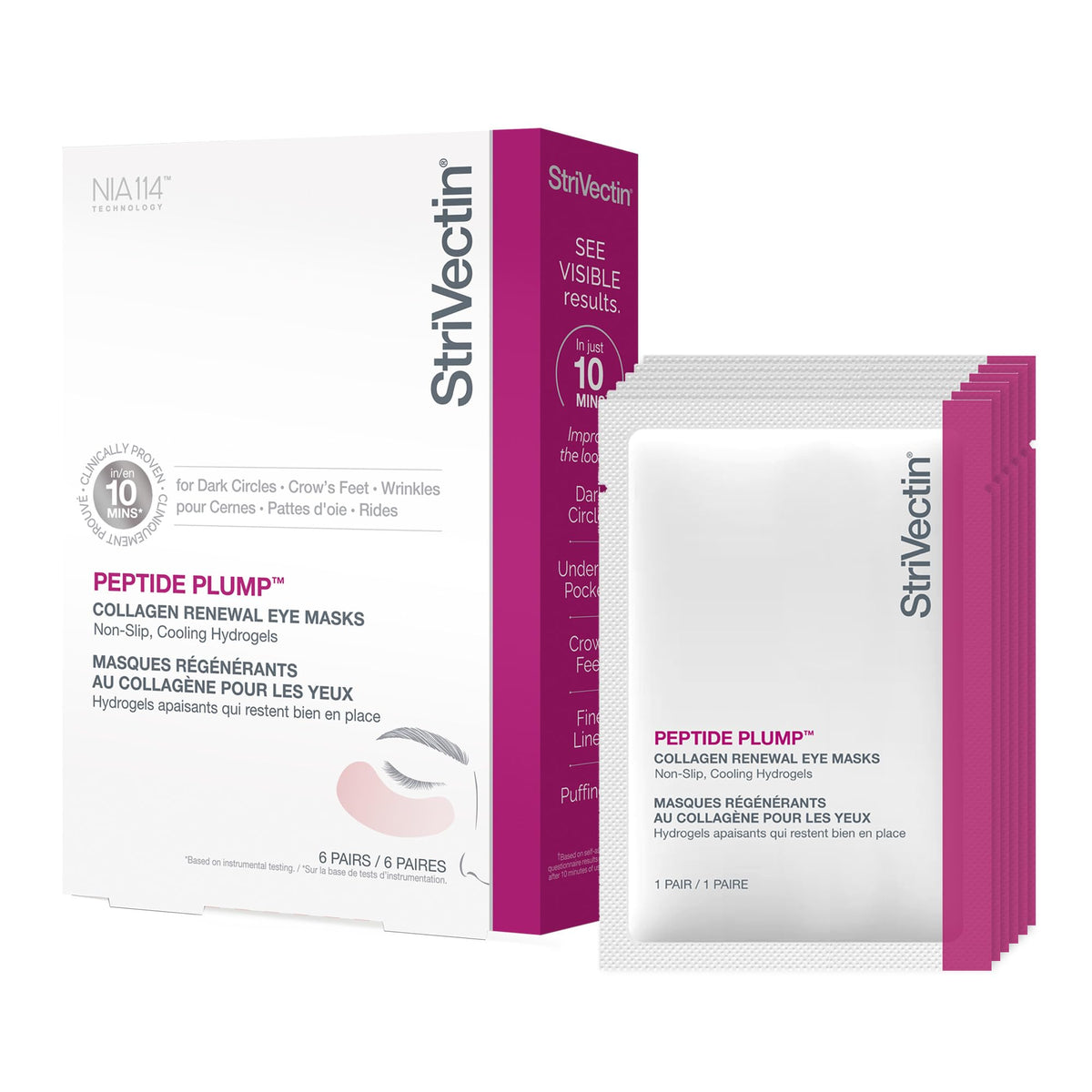 StriVectin front packaging showing six individually wrapped eye mask pairs and key benefits