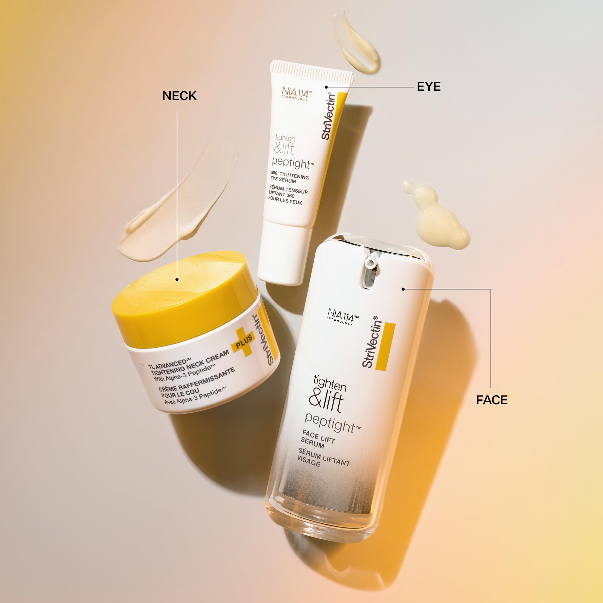 StriVectin face serum pipette applying drops for visible lift and smoother texture